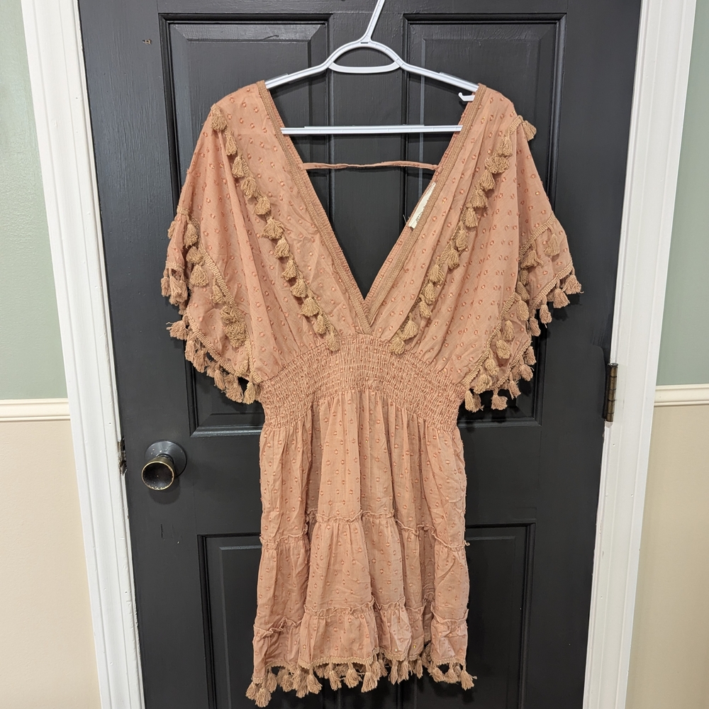 Boho Tassel Trim Swim Coverup in Peach